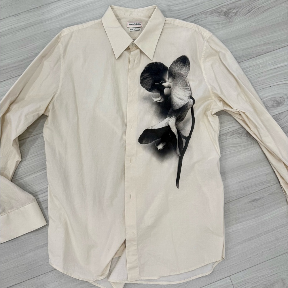 Alexander McQueen Cream Dress Shirt with Black Floral Design